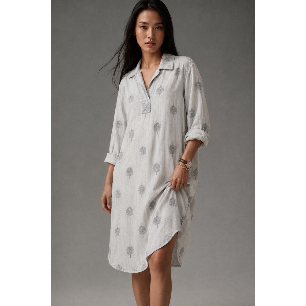 Soft Surroundings Chambray Peacock Embroidered Shirt Dress Gray Tencel M